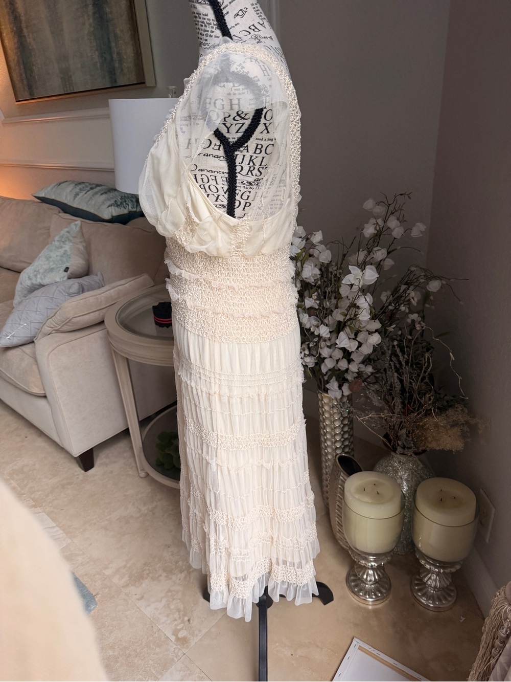 Vintage Max Studio Cream White Tiered Midi Dress Smocked Waist Large Boho Fairy - Picture 6 of 13